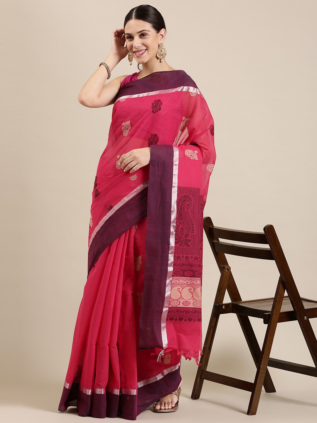 

The Chennai Silks Women Pink & Maroon Ethnic Motifs Zari Pure Cotton Kovai Saree