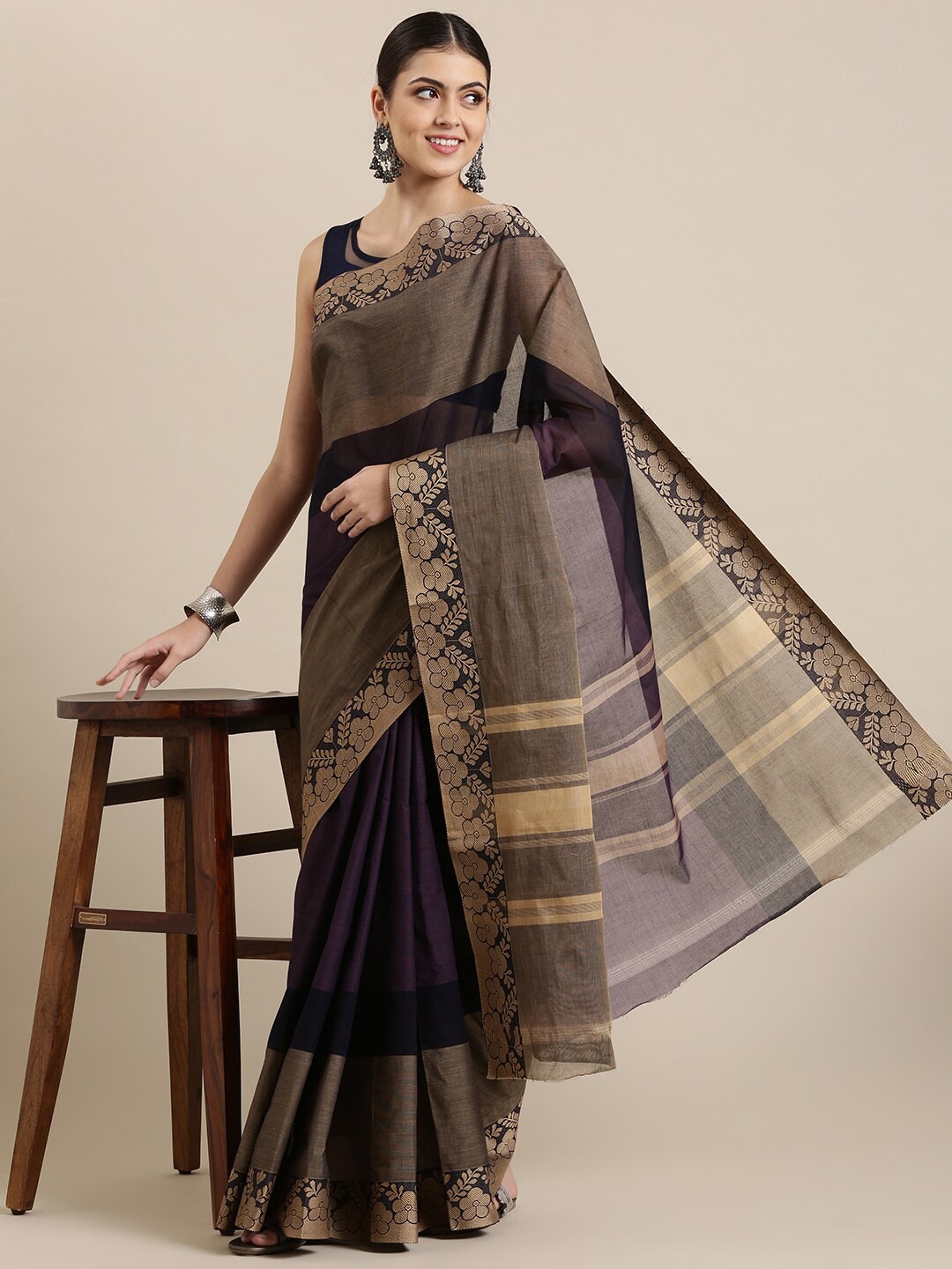 

The Chennai Silks Purple & Gold-Toned Colourblocked Zari Pure Cotton Fusion Chettinad Saree