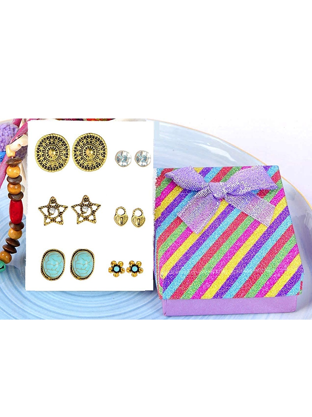 

stripes Set of 6 Gold-Toned Contemporary Studs Earrings