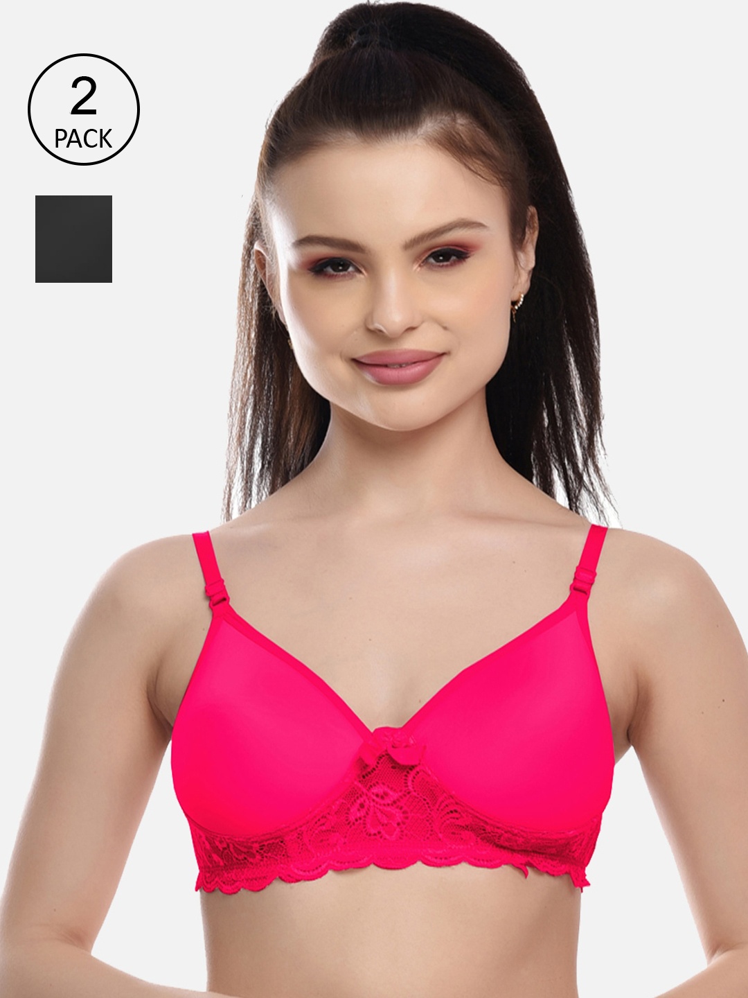 

FIMS Pack of 2 Fuchsia & Black Bra Lightly Padded