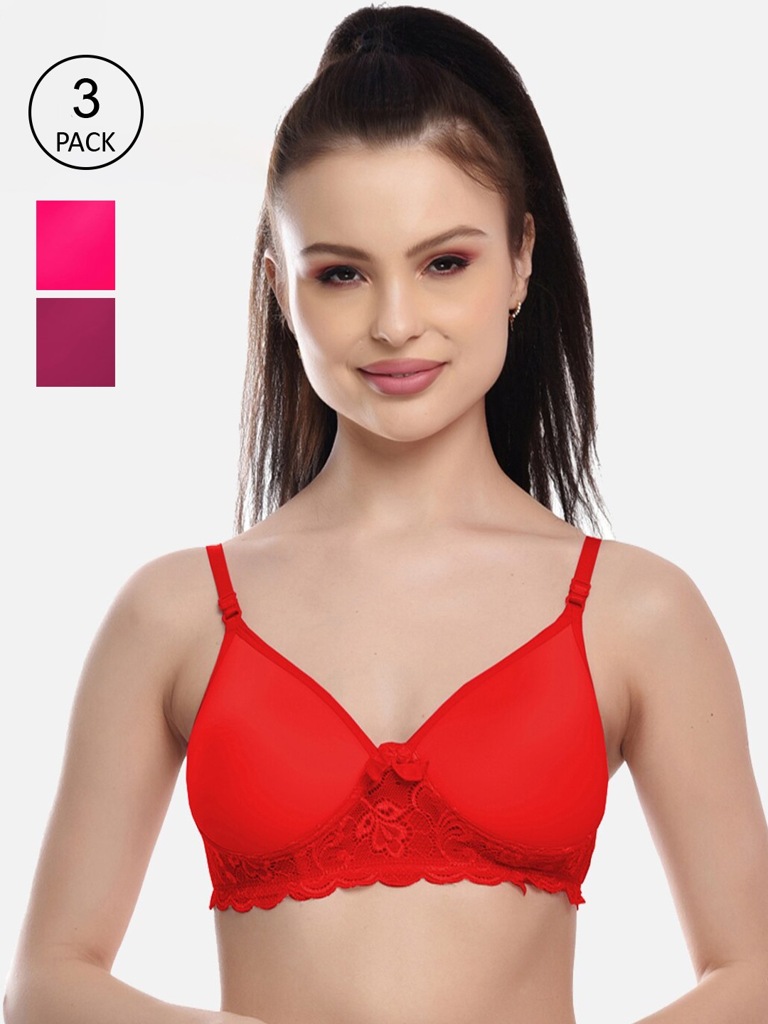 

Women Cotton Lace Padded Bra Pack of 3, Red