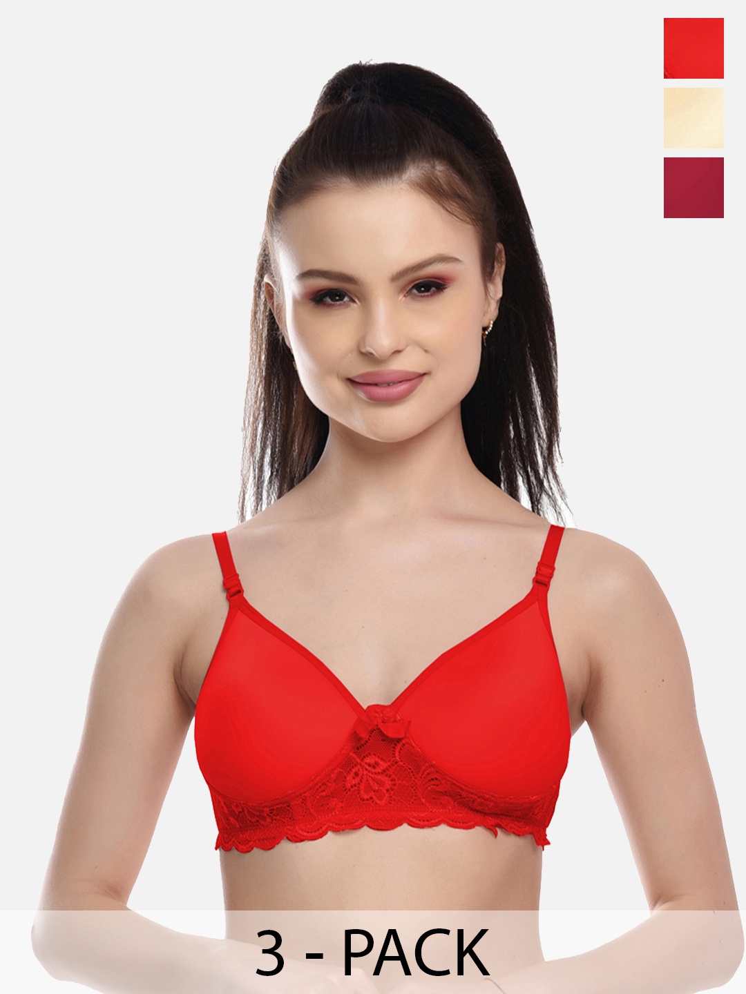 

FIMS Pack Of 3 Women Lightly Padded Bra, Red