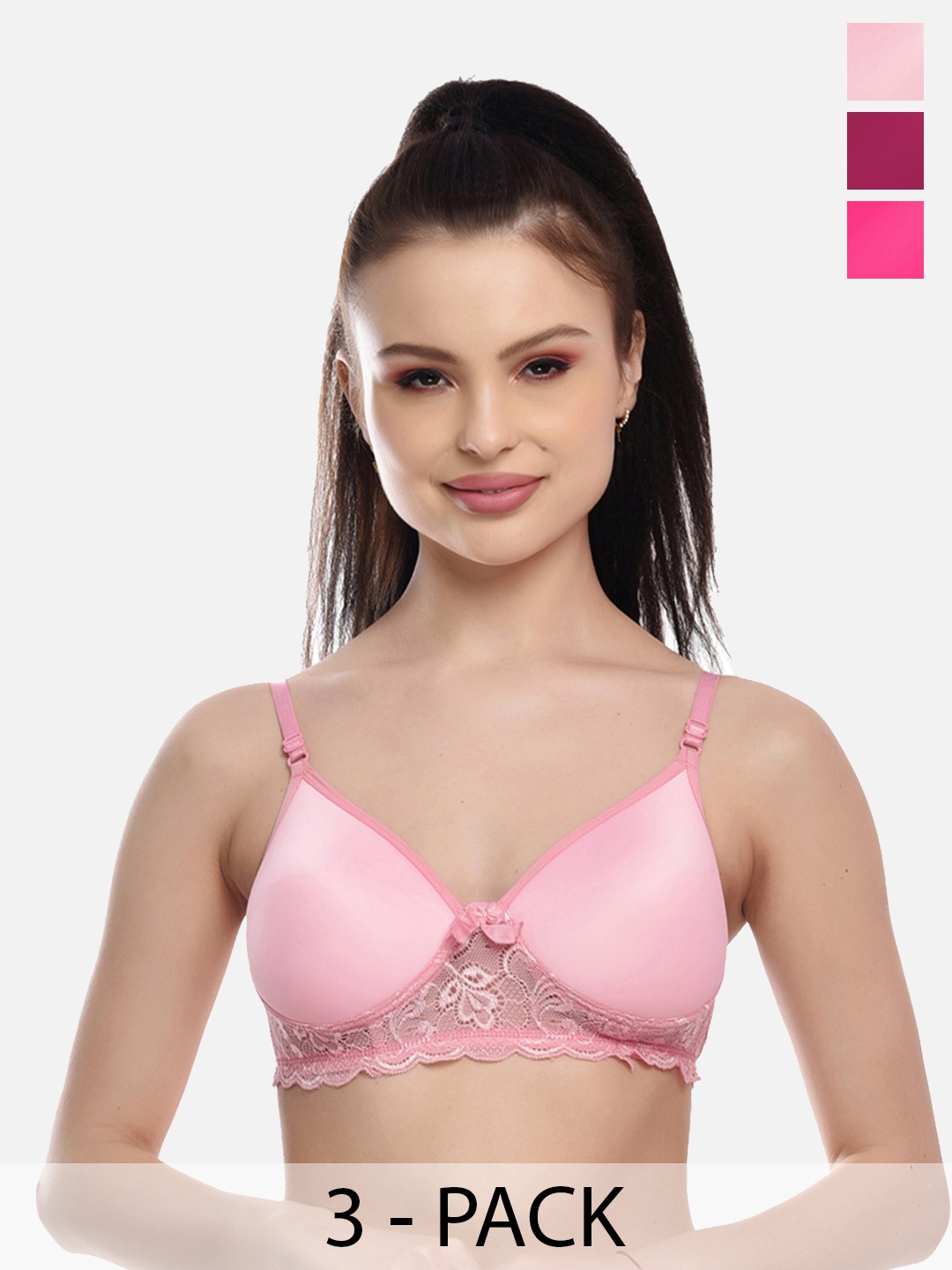 

FIMS Set Of 3 Bra Cotton Lace Lightly Padded Bra, Pink