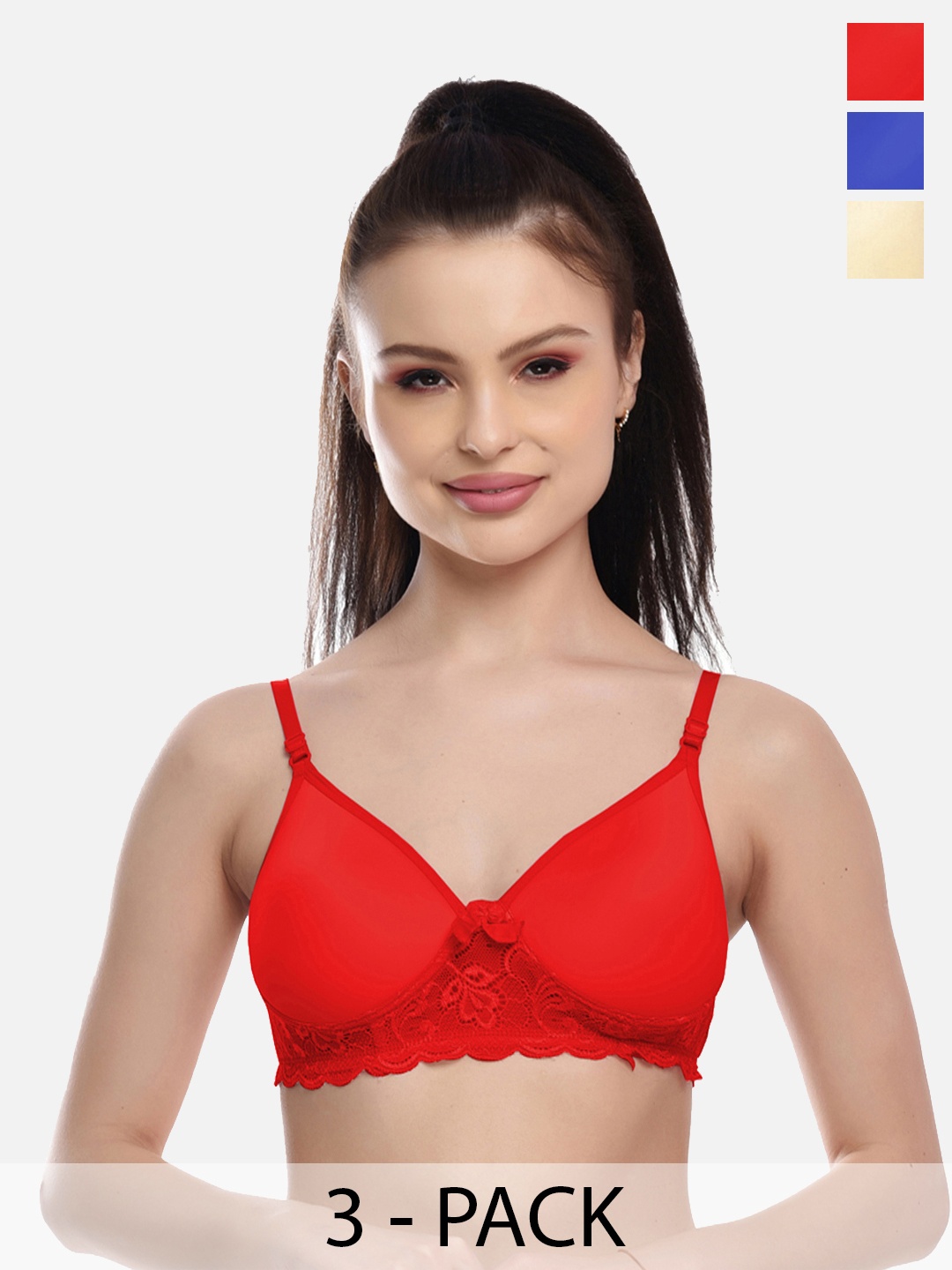 

FIMS Women Red, Blue and Beige Lace Lightly Padded Bra Pack of 3