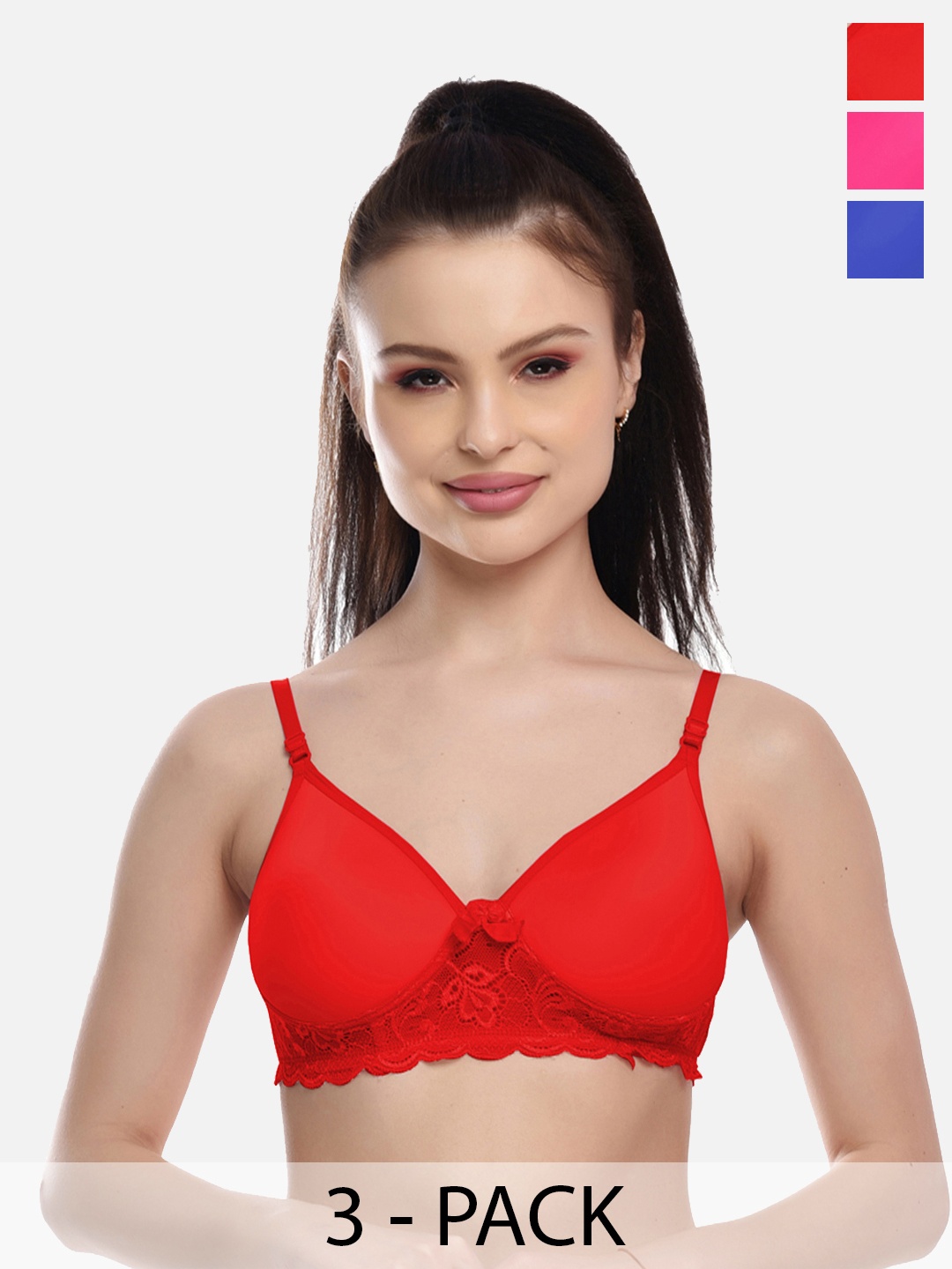 

FIMS Red & Navy Blue Pack Of 3 Lightly Padded Bra