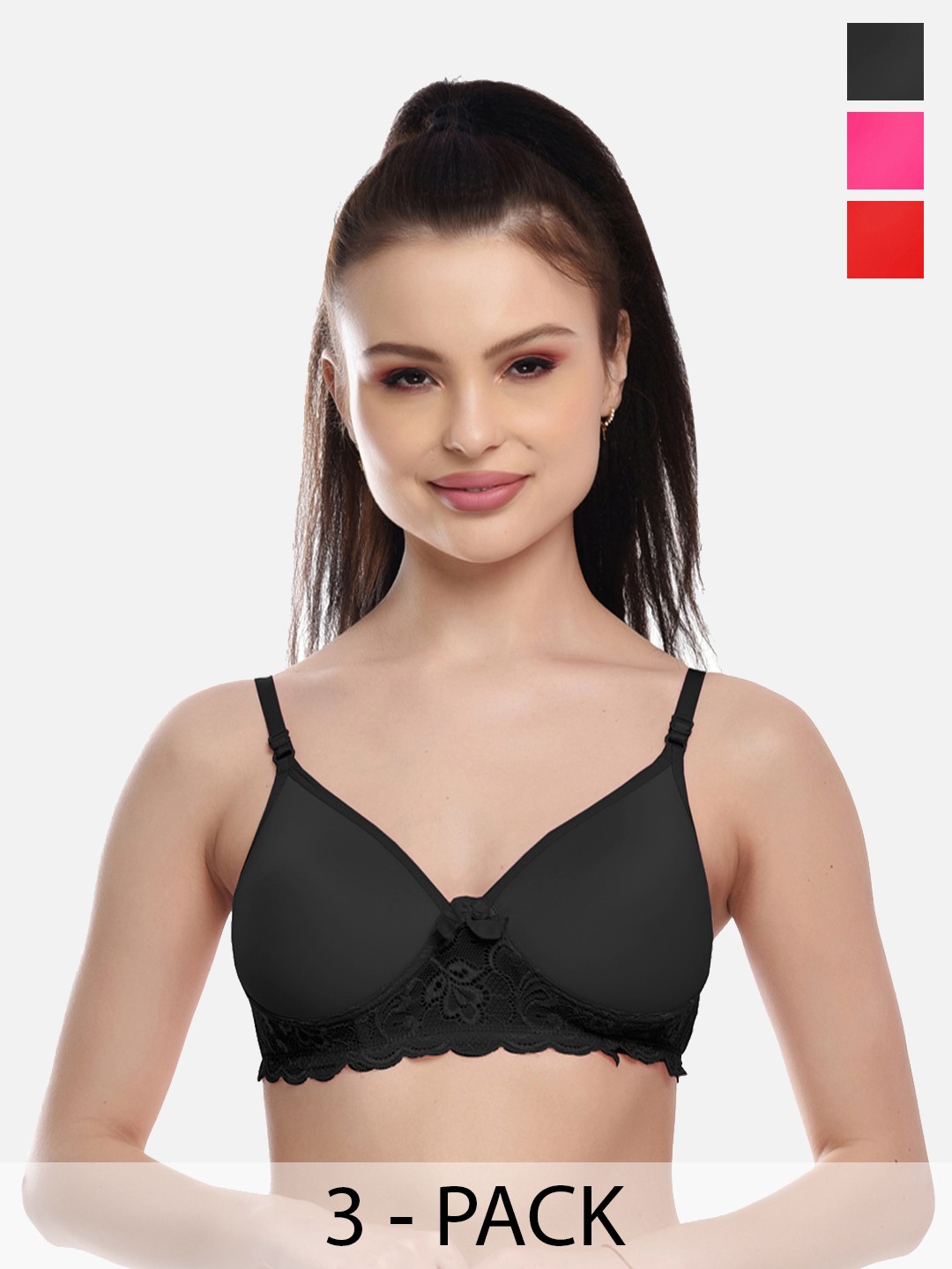 

FIMS Red & Pink & Black Lace Lightly Padded Bras Pack of 3
