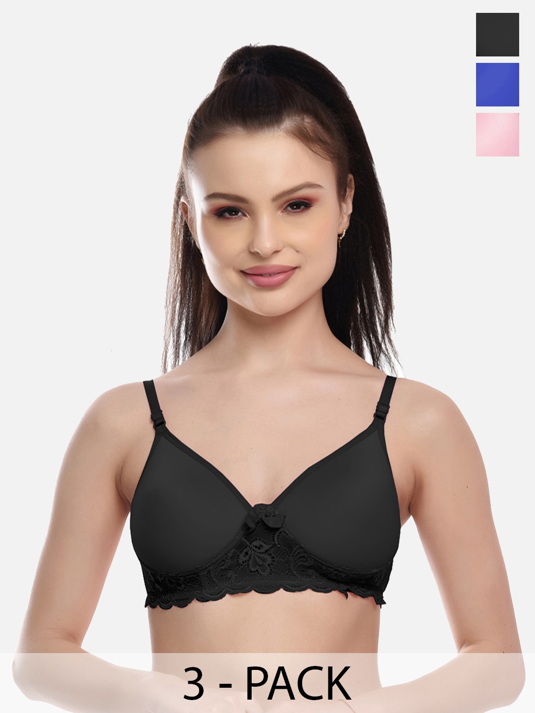 

FIMS Women Pack Of 3 Blue & Pink Bra Lightly Padded