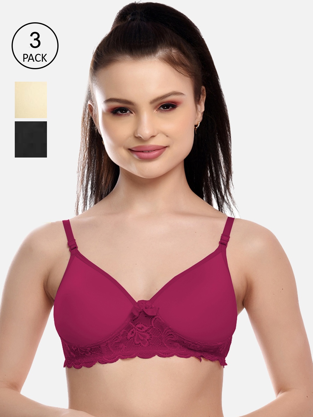 

FIMS Women Pack of 3 Purple ,Black & Beige Cotton Lace Padded Bra