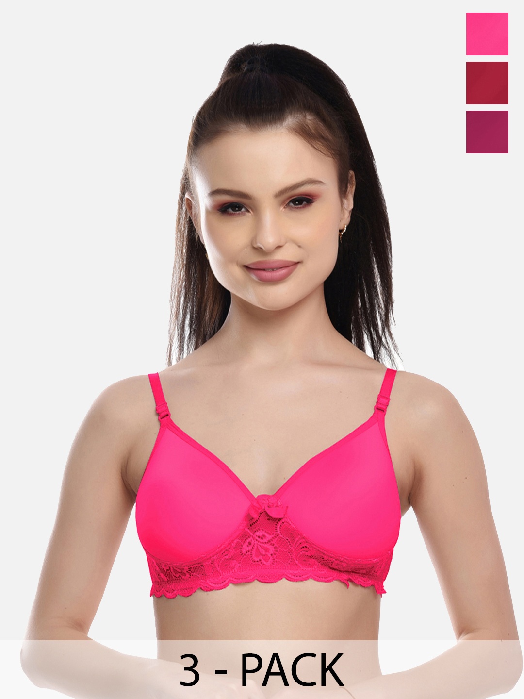 

FIMS Set Of 3 Fuchsia &Purple Solid Cotton Lightly Rapid-Dry Padded Bra