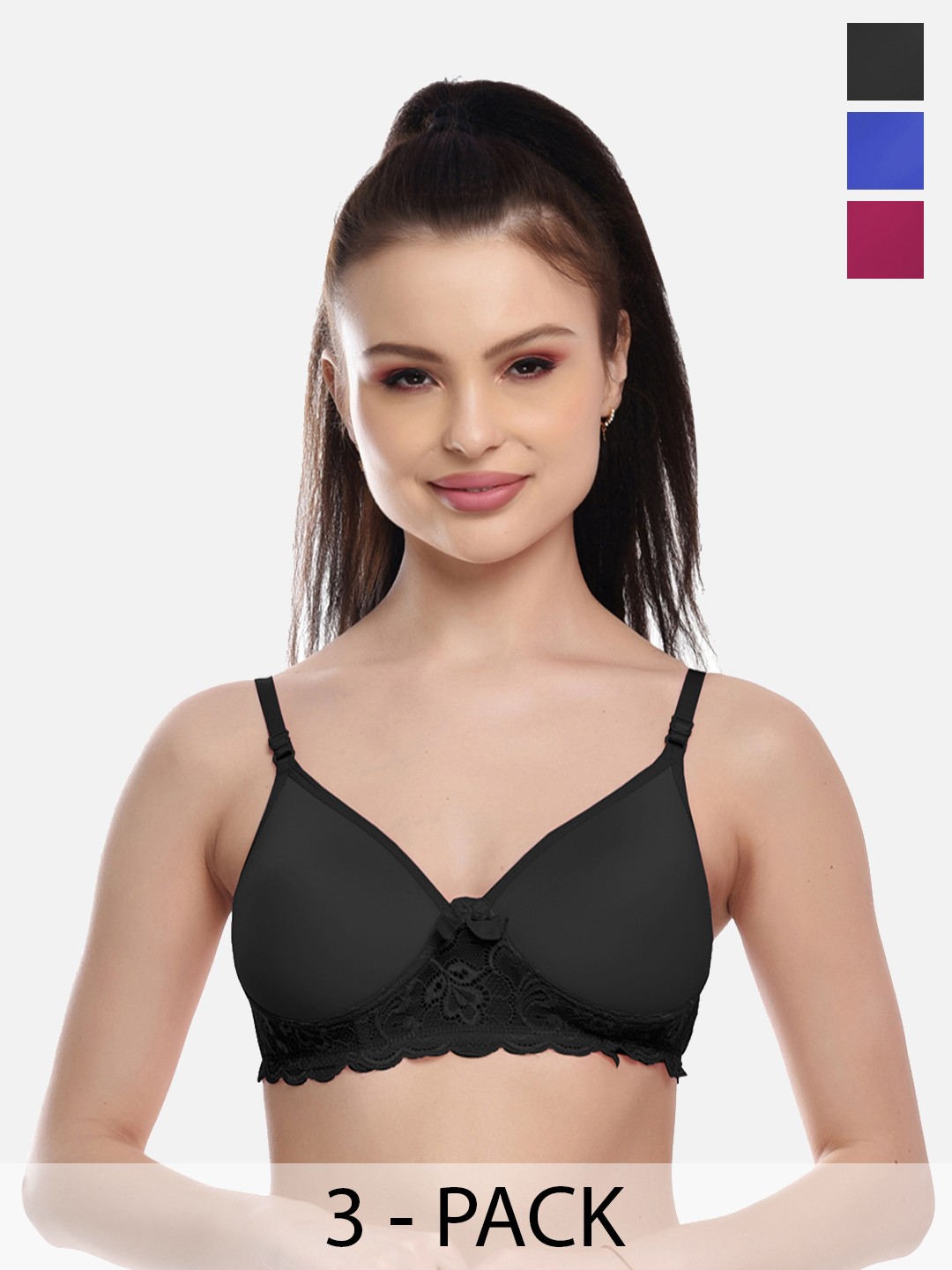 

FIMS Blue & Black Set Of 3 Bra Lightly Padded