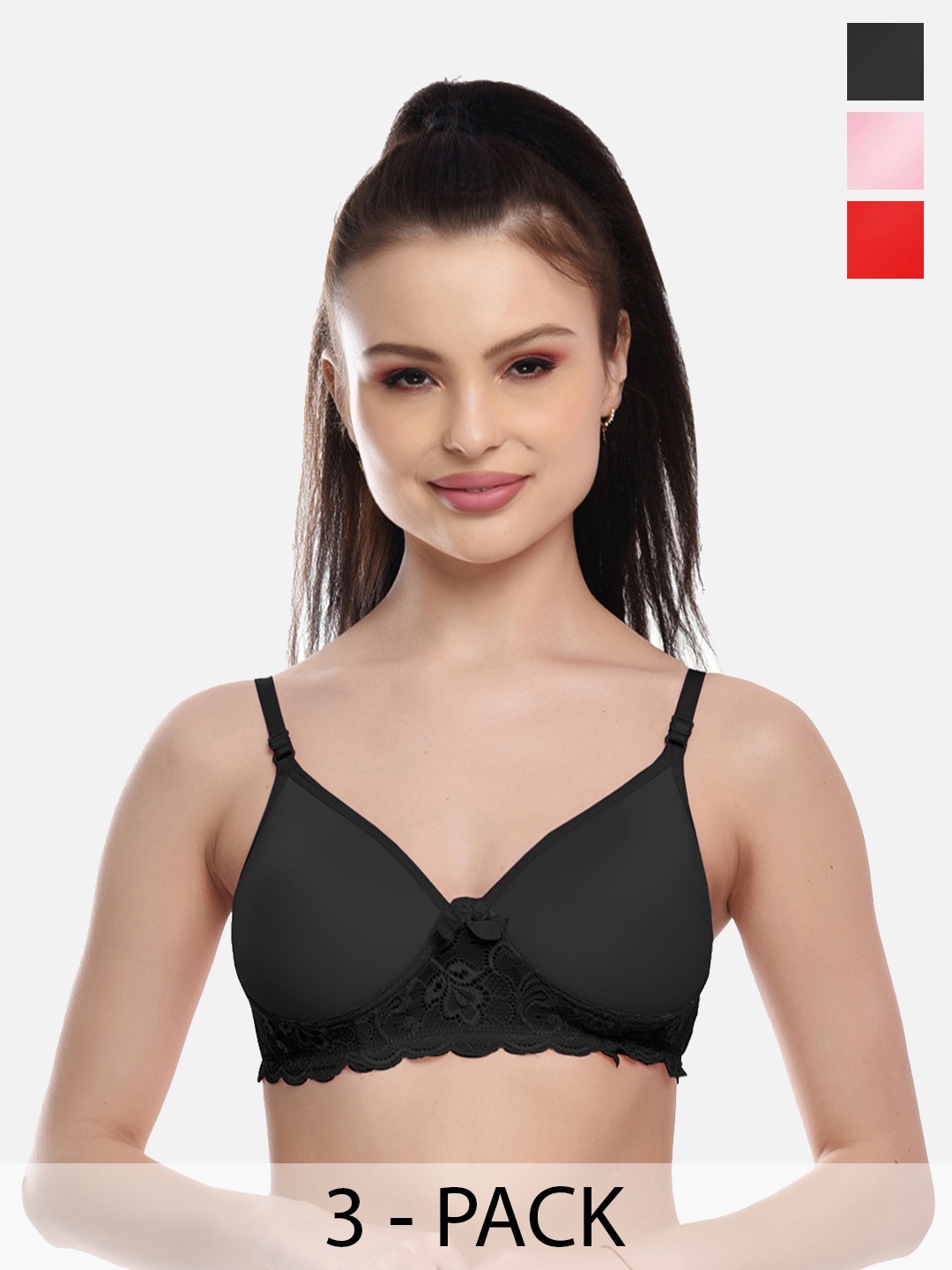 

FIMS Set Of 3 Red & Pink Lightly Padded & Non Wired Solid Bra