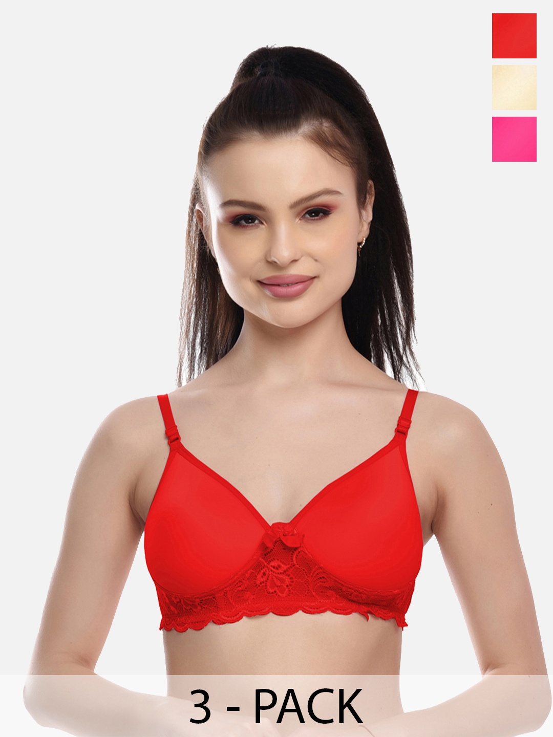 

FIMS Red & Pink Pack of 3 Lightly Padded Bra