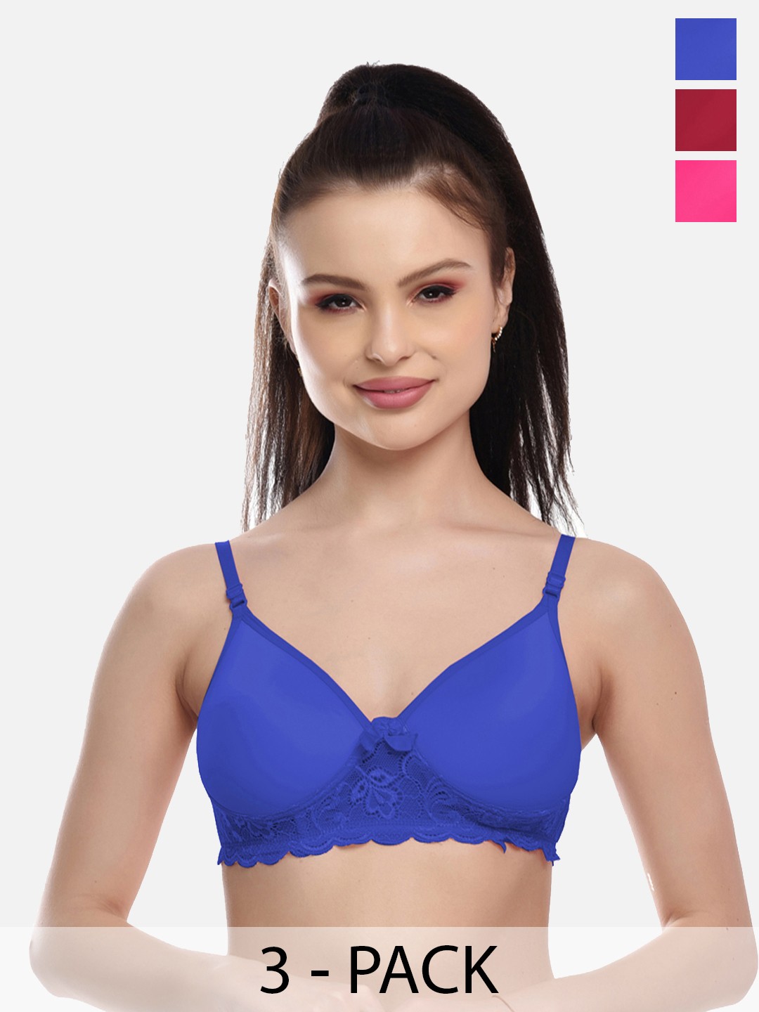 

FIMS Pack of 3 Blue & Red Solid Cotton Lightly Padded Seamless Lace Bra