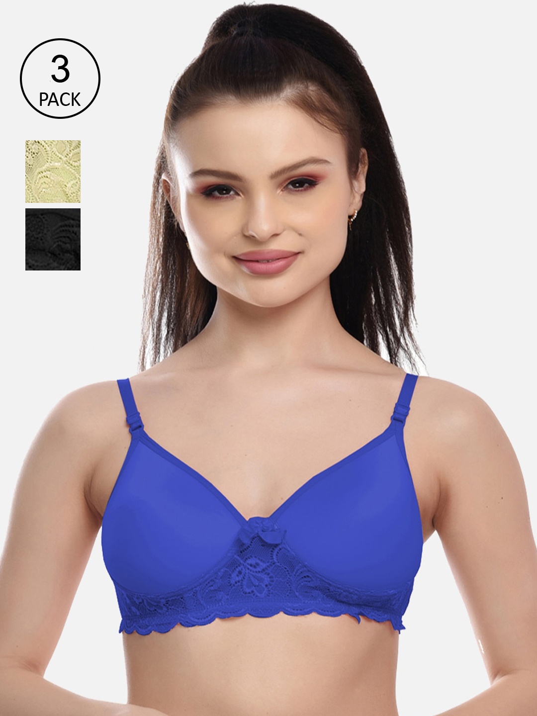 

FIMS Pack of 3 Lightly Padded Lace Bra, Blue