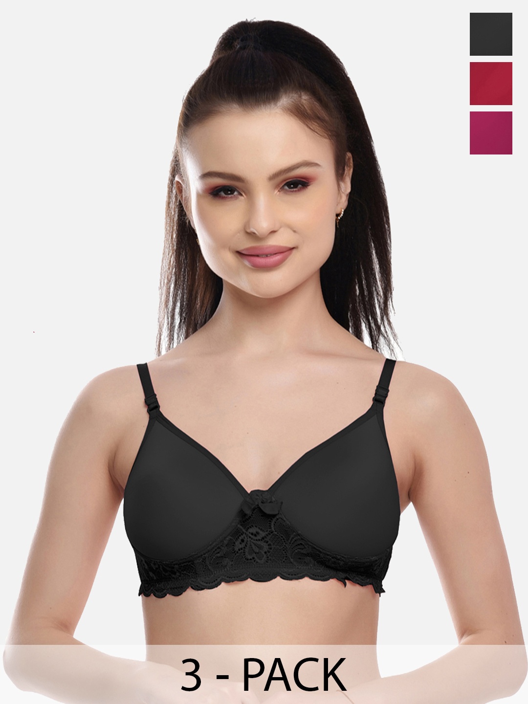 

FIMS Pack Of 3 Cotton Lightly Padded Bra, Purple