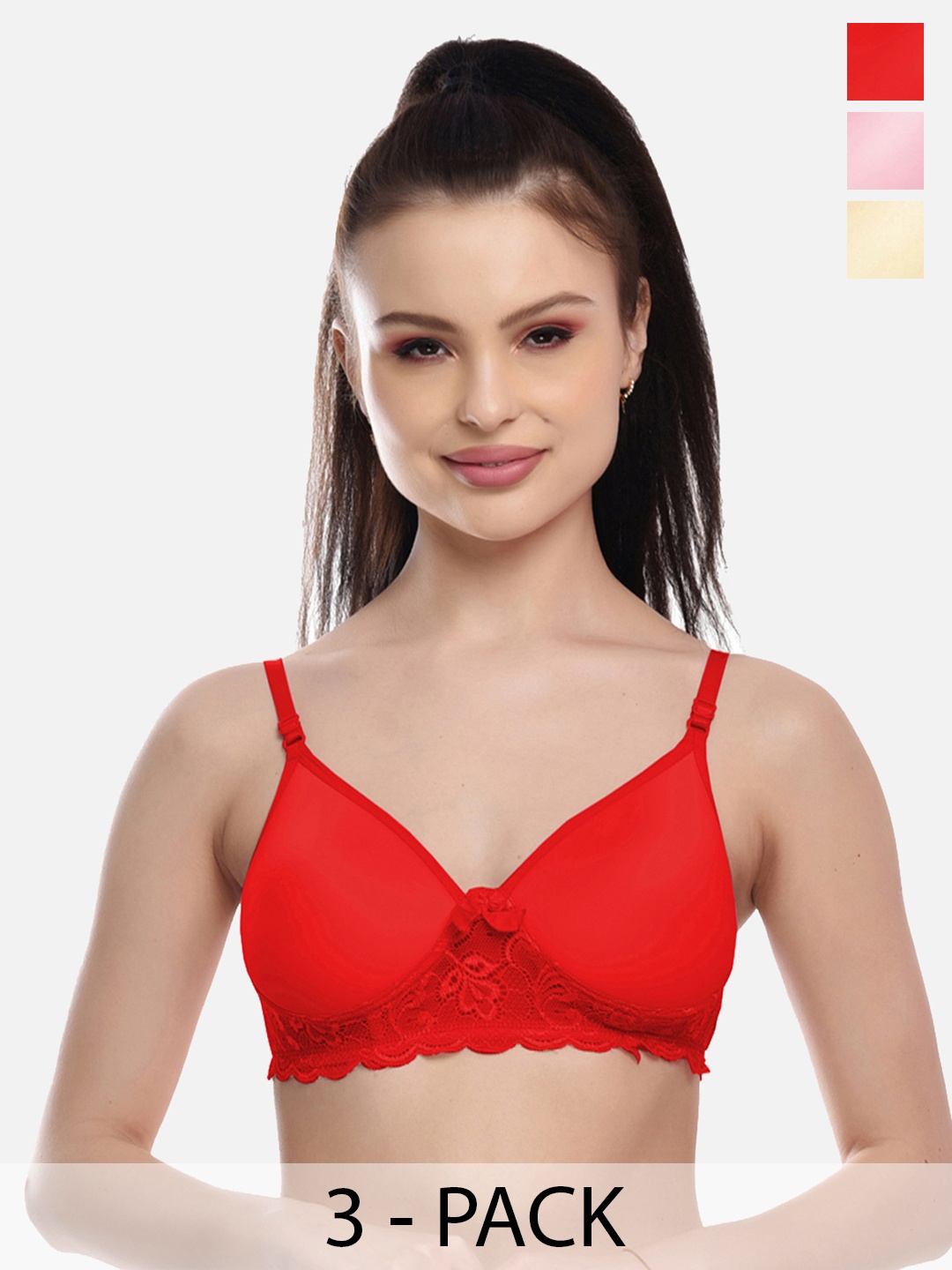 

FIMS Set Of 3 Red & Pink Lightly Padded & Non Wired Solid Bra