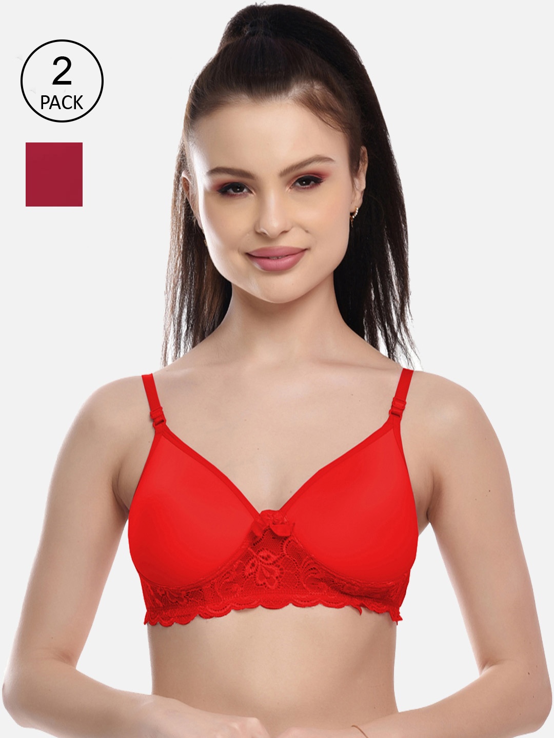 

FIMS Women Pack of 2 Lightly Padded Cotton Lace Bra, Red