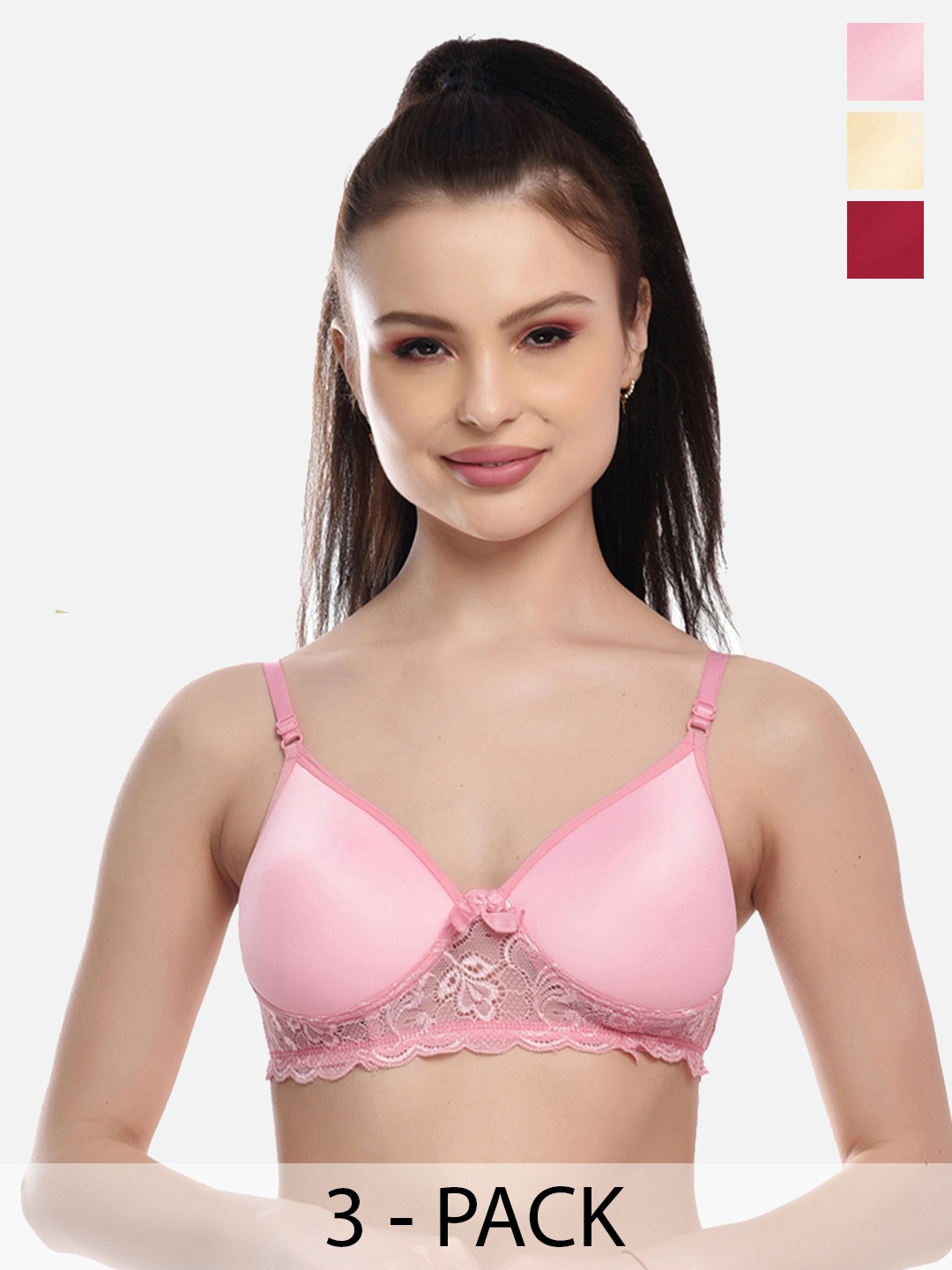 

FIMS Women Pack Of 3 Pink & Maroon Bra Lightly Padded