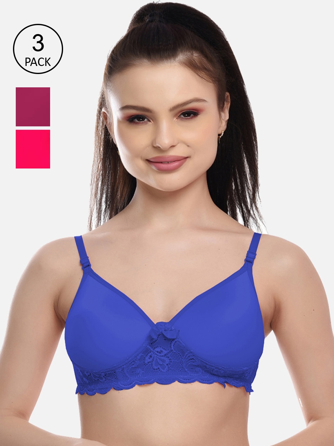 

FIMS Women Pack Of 3 Lightly Padded Non Wired Seamless Everyday Bra MTR_Pad_Bra, Blue