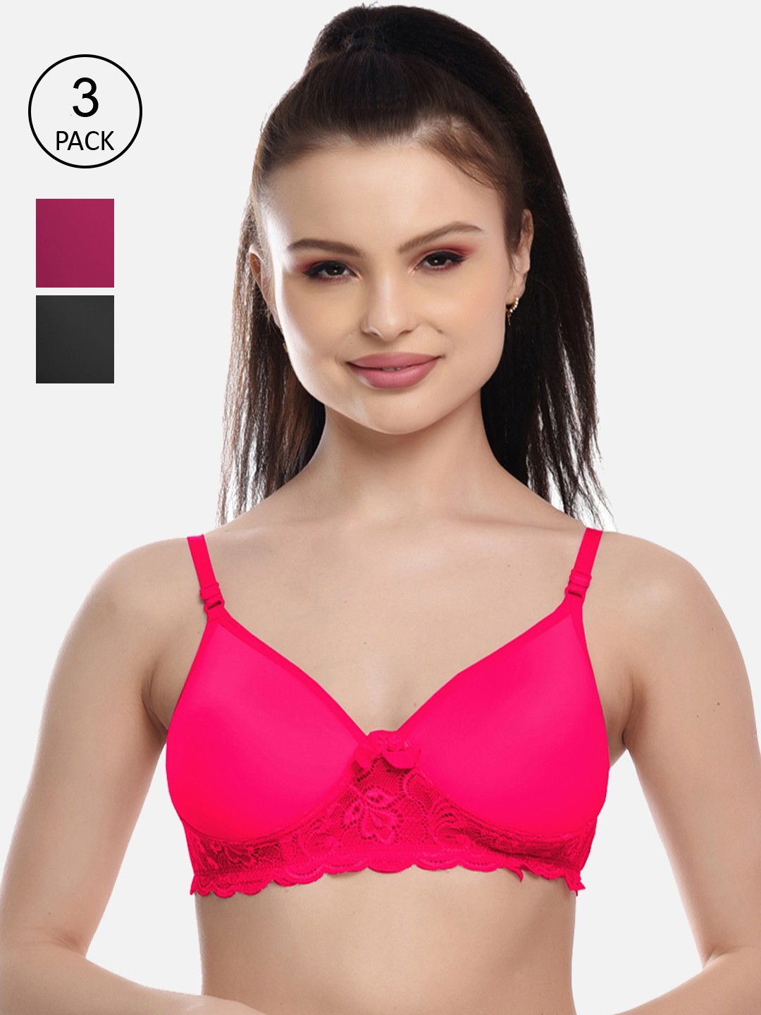 Women Pack of 3 Rani Purple & Black Cotton Lace Padded Bra, Fuchsia