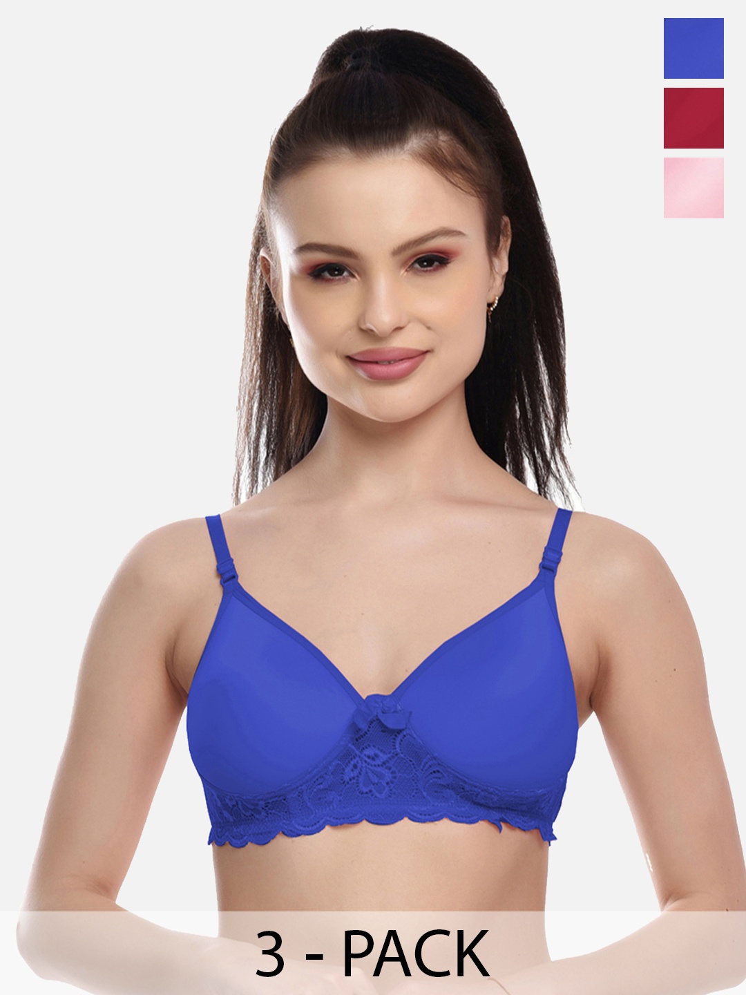 

FIMS Blue Pink & Maroon Pack Of 3 Lightly Padded Bra