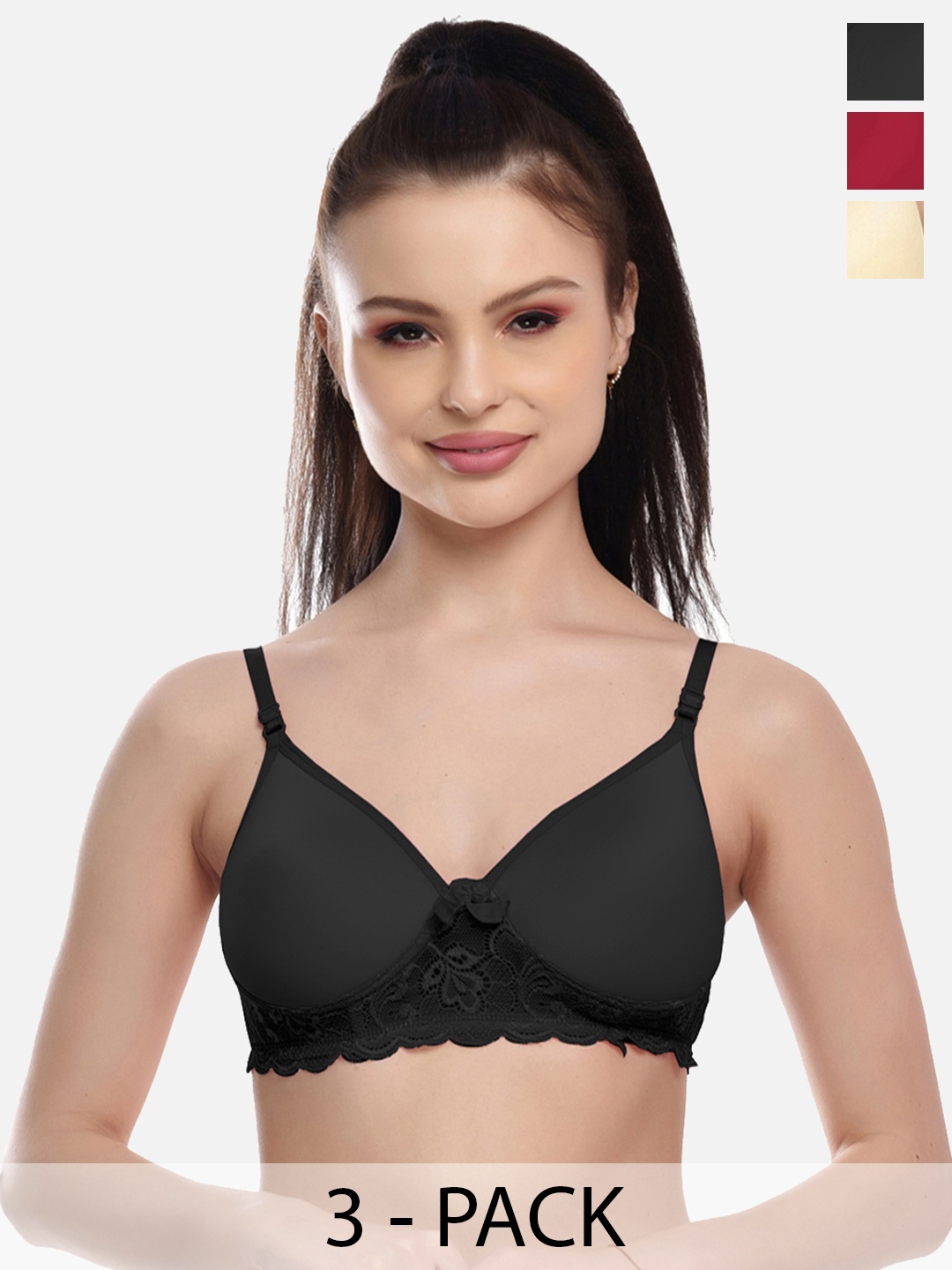 

FIMS Pack of 3 Maroon & Black Lightly Padded Bra