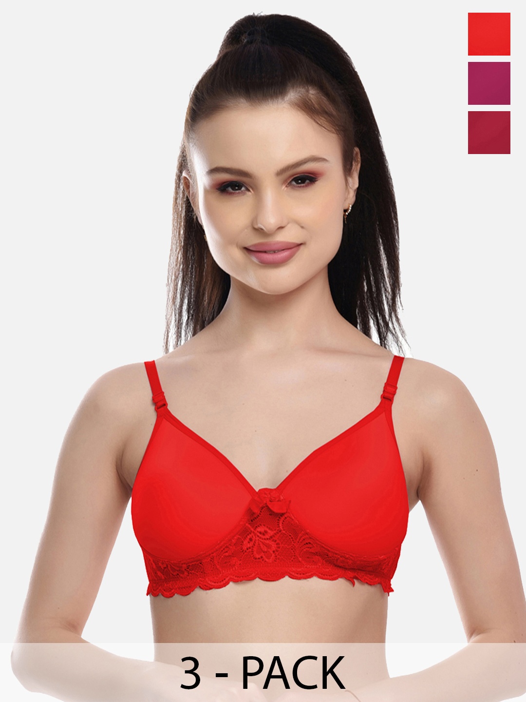 

FIMS Pack Of 3 Lightly Cotton Padded Bra, Red