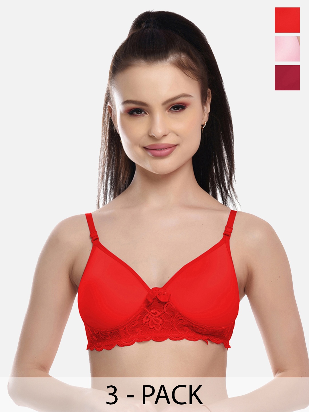 

FIMS Women Pack Of 3 Red & Pink Bra Lightly Padded