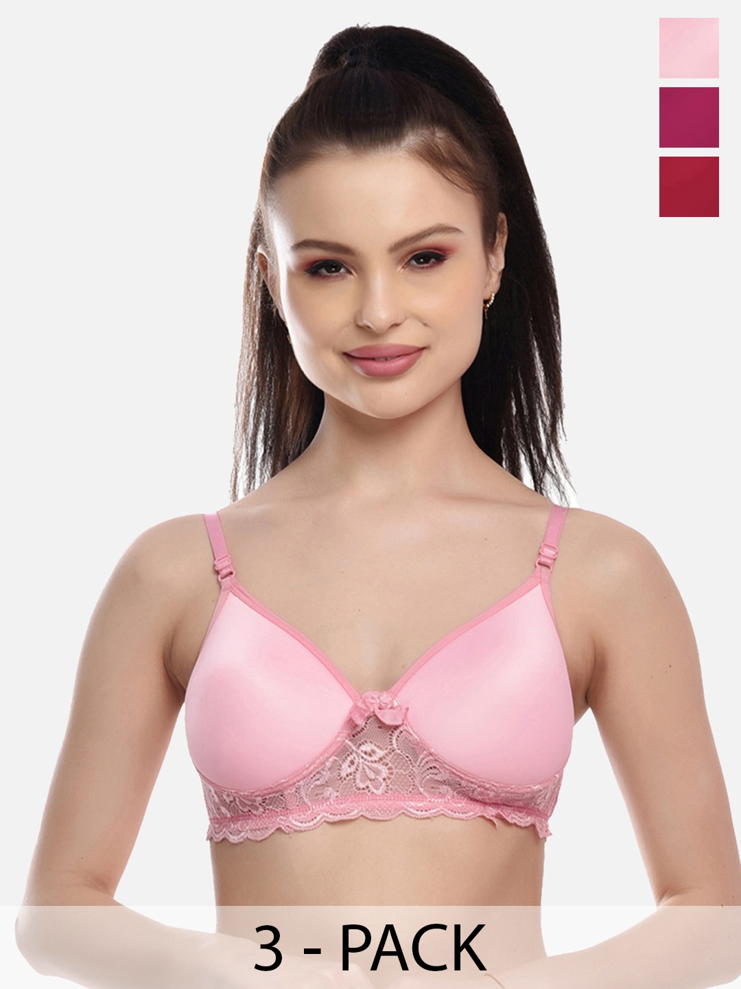 

FIMS Set Of 3 Bra Lightly Lace Padded Bra, Pink