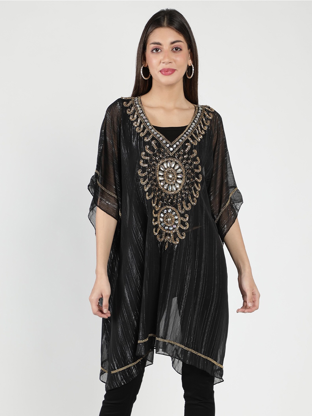 

DEBONATELLA Black Embroidered Kaftan Top