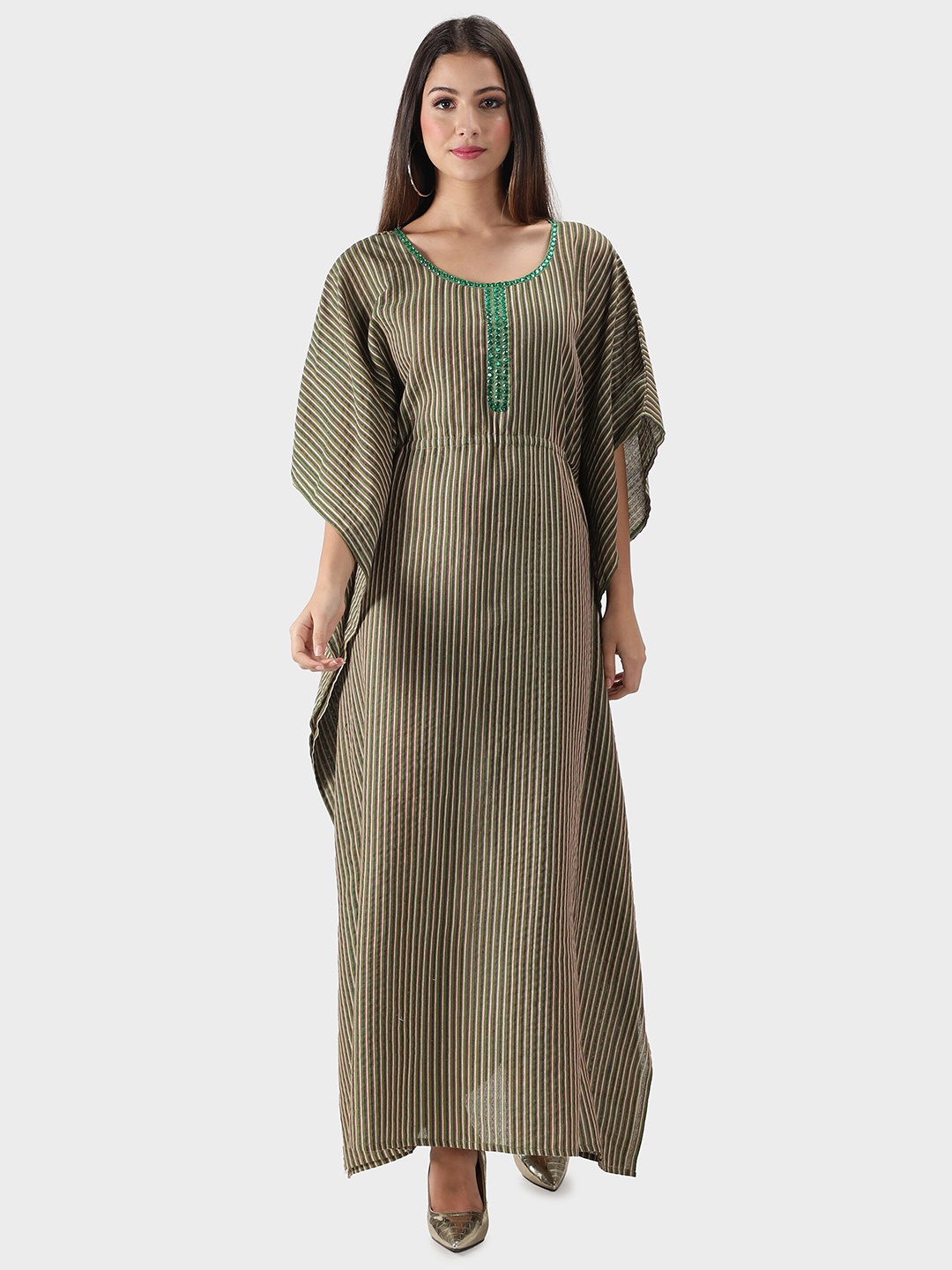 

DEBONATELLA Green Striped Organic Cotton Embellished Striped Kaftan Maxi Dress, Olive
