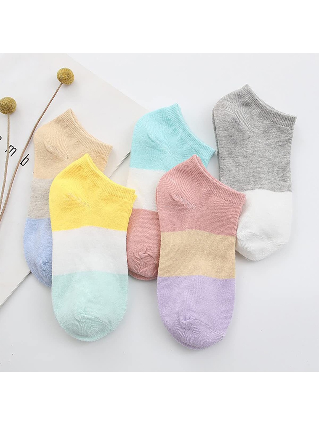 YOUSTYLO Pack Of 5 Multicoloured Ankle Length Bamboo Cotton Socks, Multi