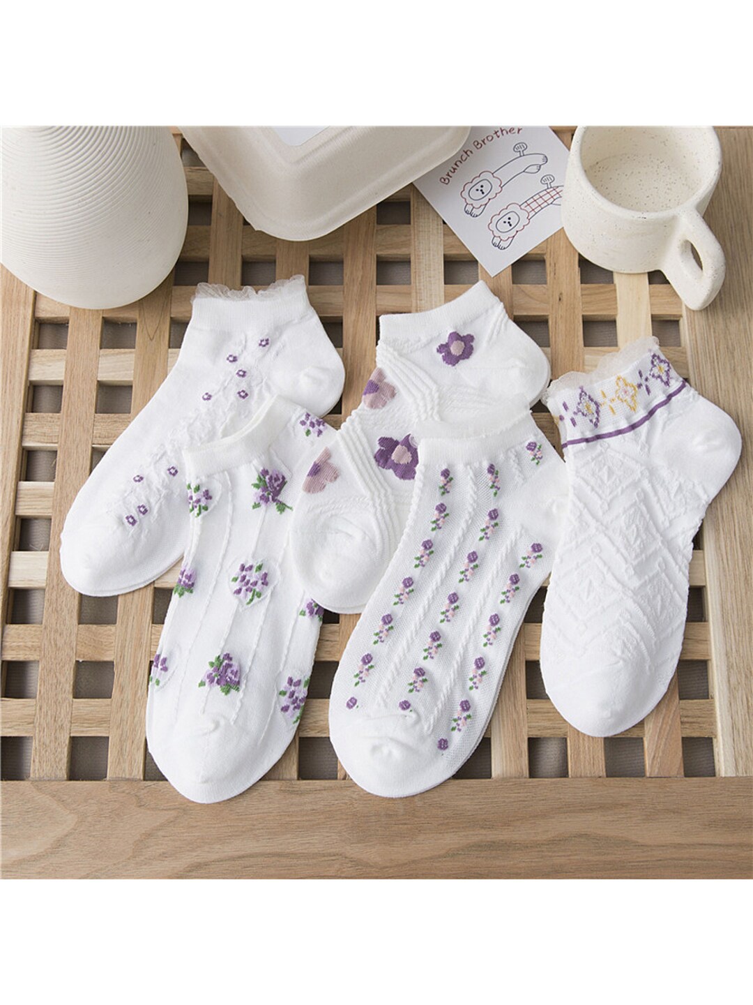

YOUSTYLO Pack of 5 Ankle Length Low Cut Cotton Socks, Off white
