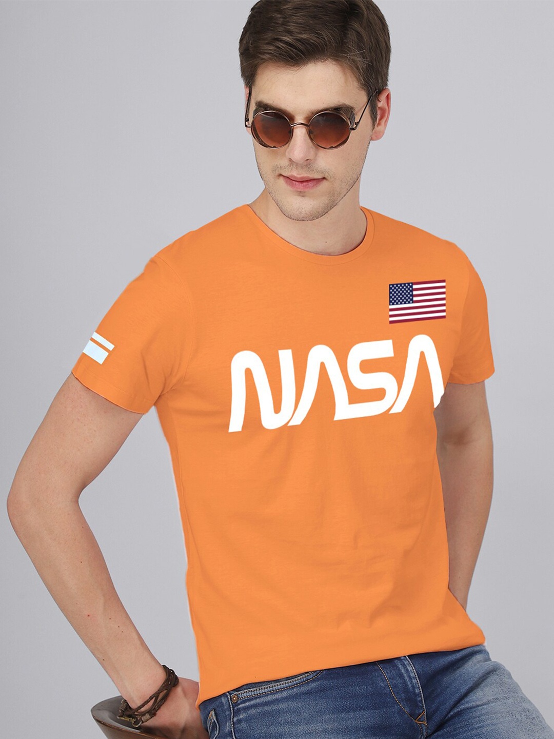 

Free Authority Men Orange & White Nasa Printed Cotton T-Shirt