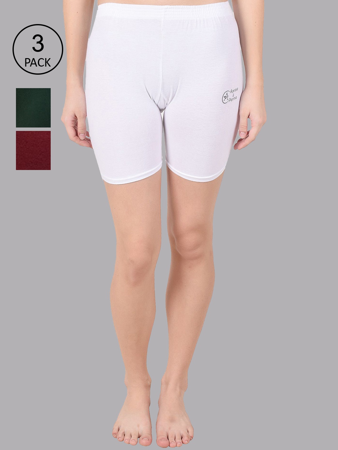 

Apraa & Parma Women Pack of 3 White, Green and Maroon Slim Fit Cycling Sports Shorts