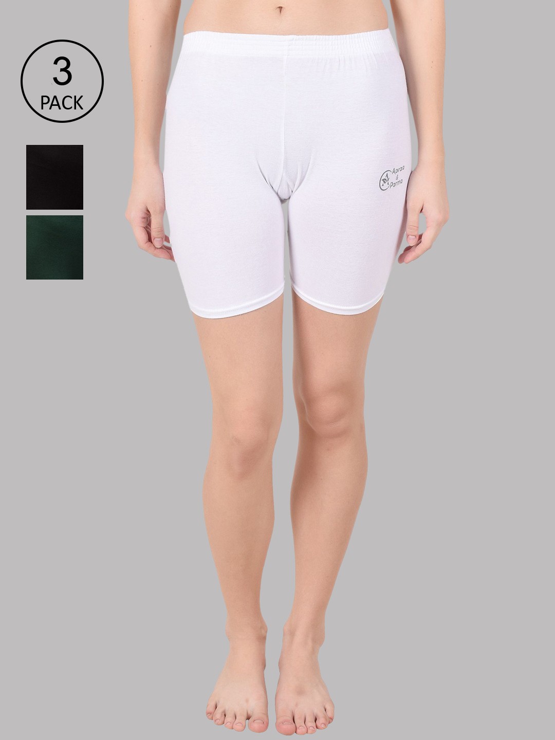 

Apraa & Parma Women Pack of 3 White, Green and Black Slim Fit Cycling Sports Shorts