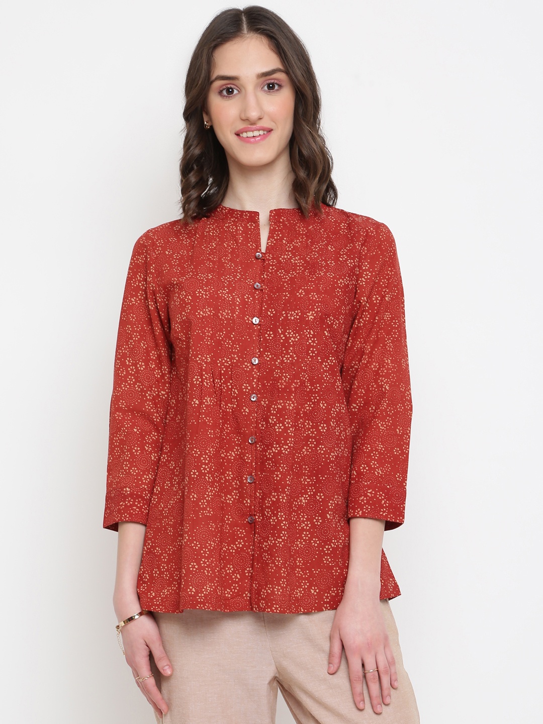 

Fabindia Rust Red & Beige Hand Block Print Mandarin Collar Pure Cotton Top
