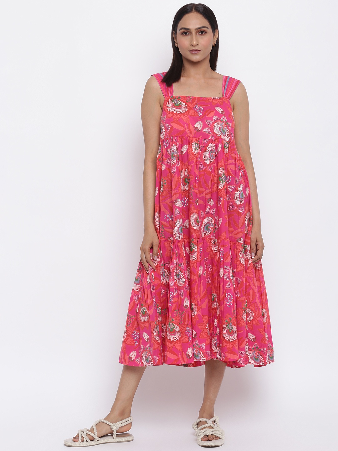 

Fabindia Pink & Orange Pure Cotton Floral Printed Tiered A-Line Midi Dress