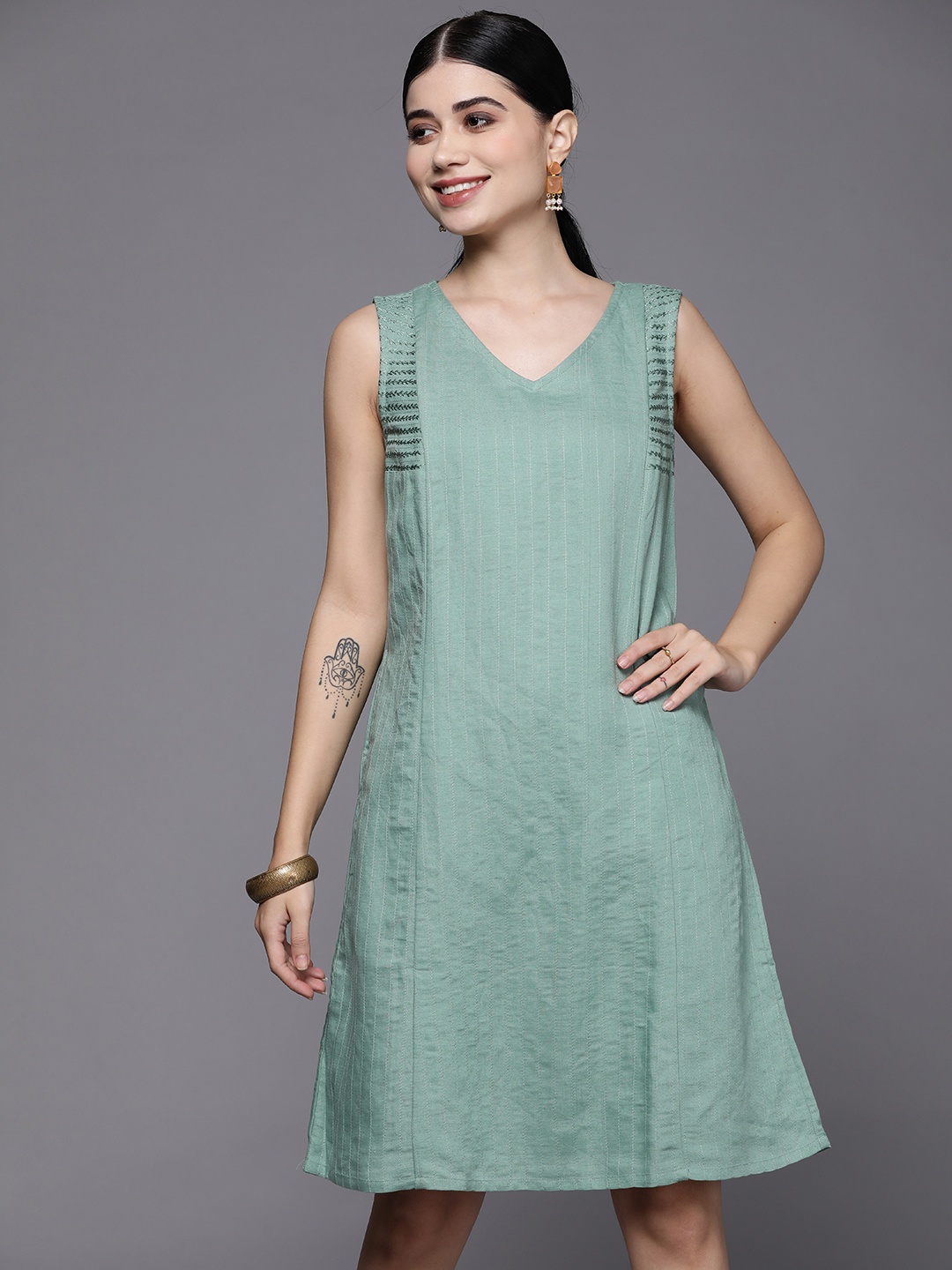 

Fabindia Sea Green Embroidered Linen Blend A-Line Dress