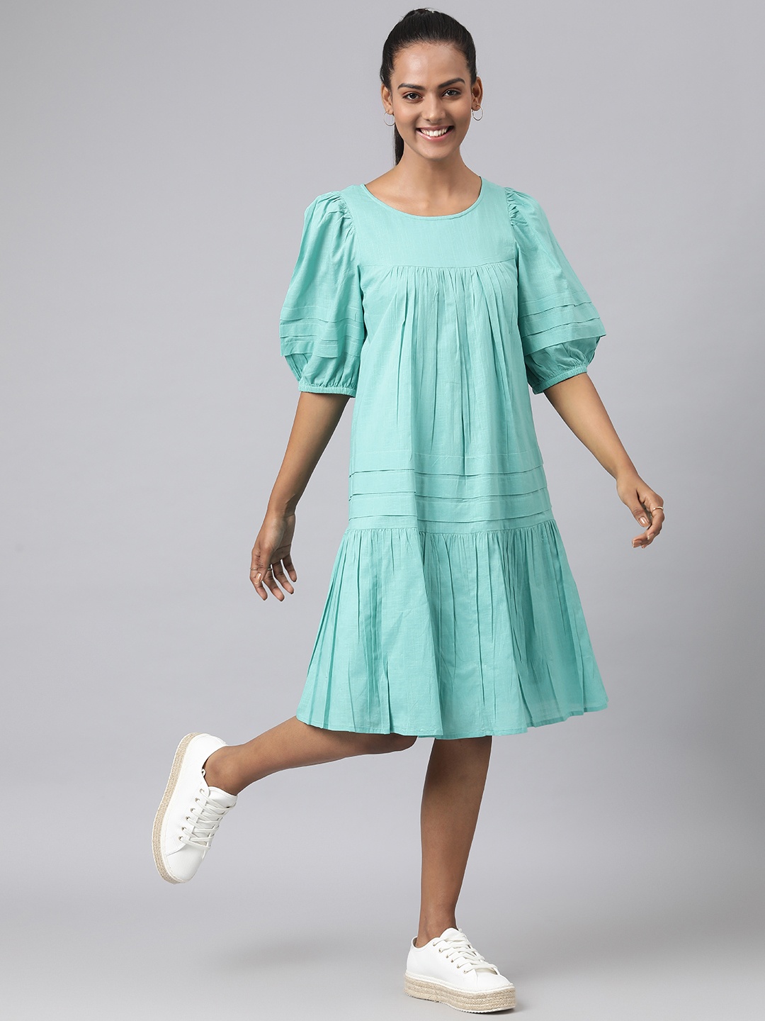 

Fabindia Blue Solid Pure Cotton A-Line Midi Dress