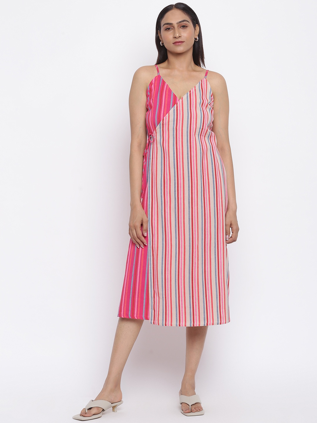 

Fabindia Strappy Striped Dress with Surplice Neckline, Pink