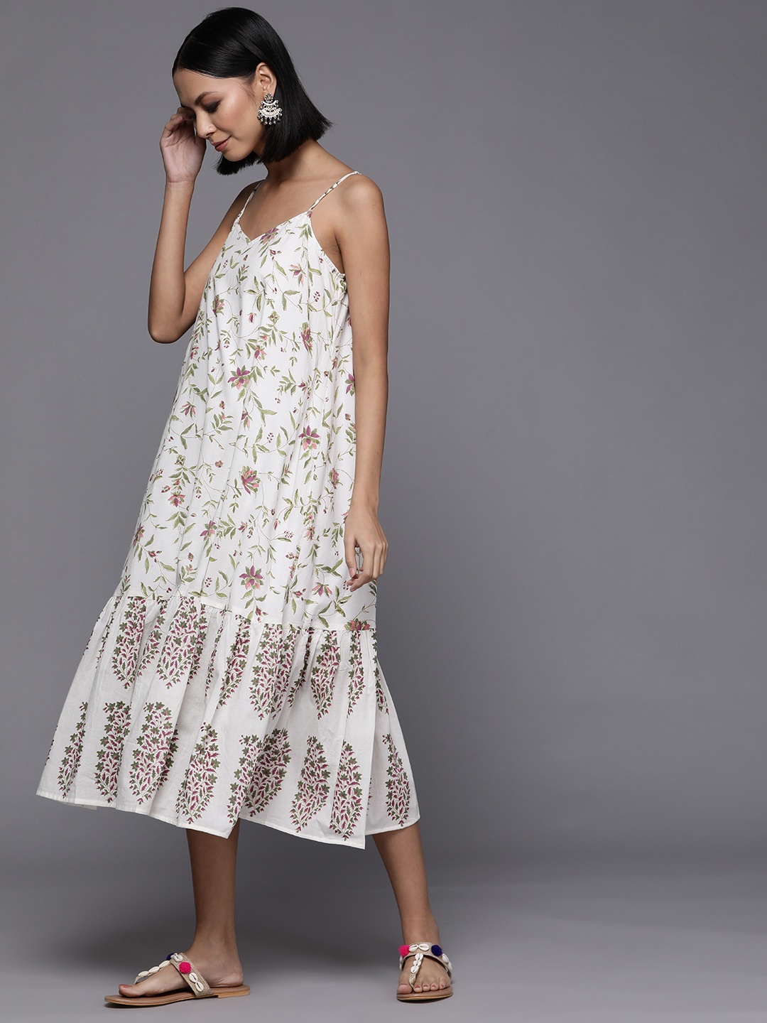 

Fabindia White & Green Handblock Print Pure Cotton A-Line Midi Dress