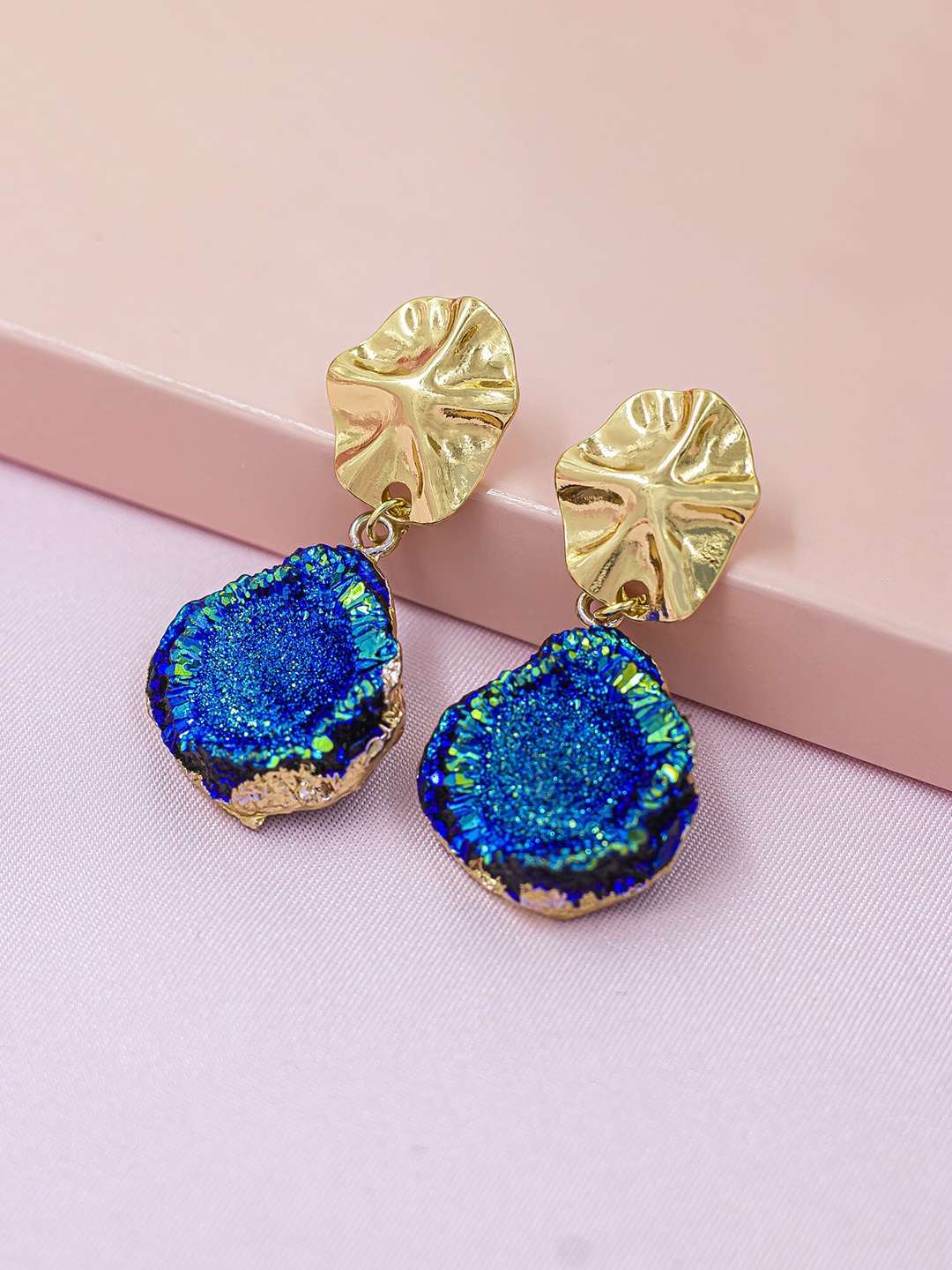 

Bellofox Blue & Gold-Toned Teardrop Shaped Drop Earrings