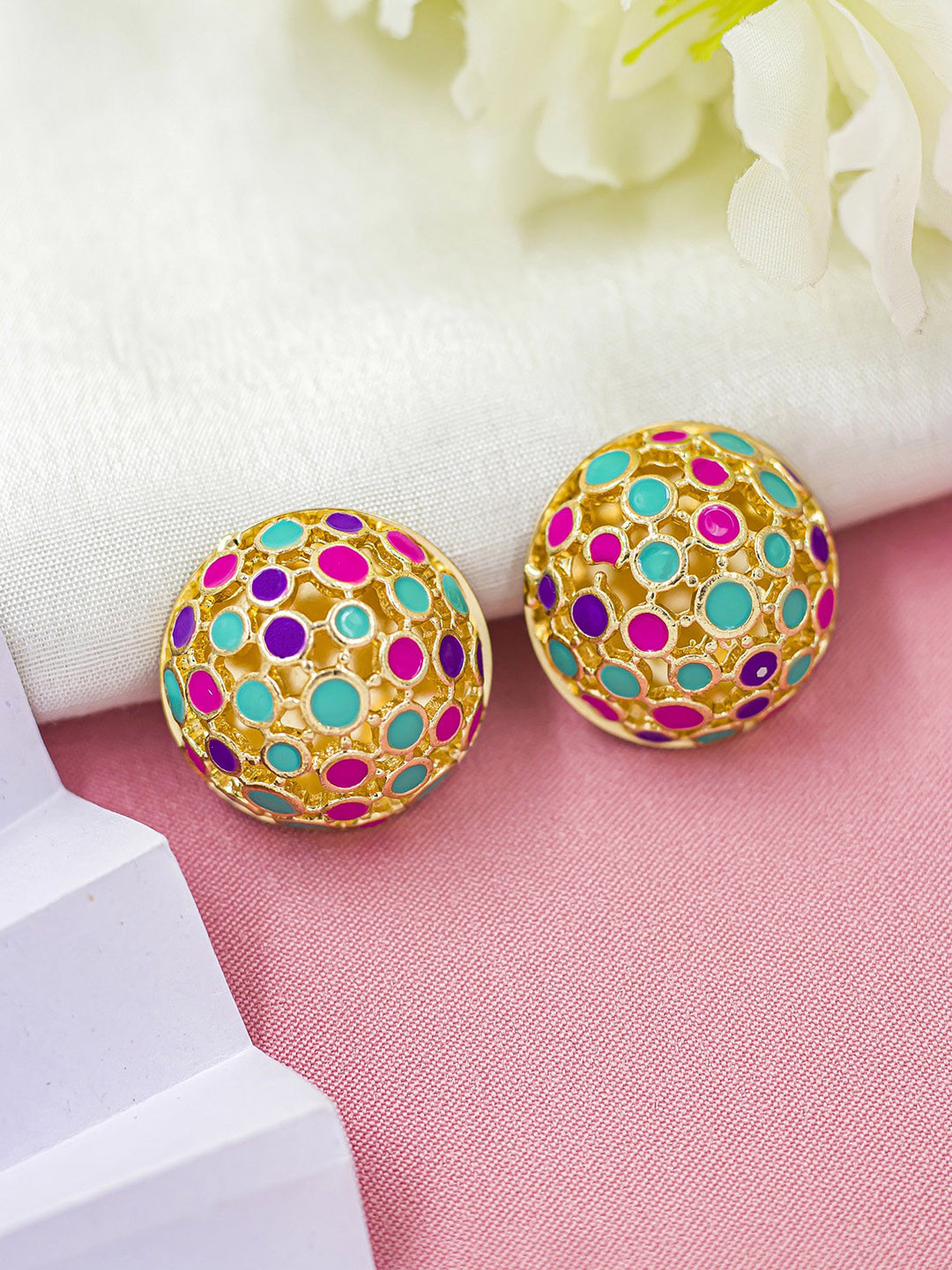 

Bellofox Green & Pink Contemporary Shaped Stud Earrings