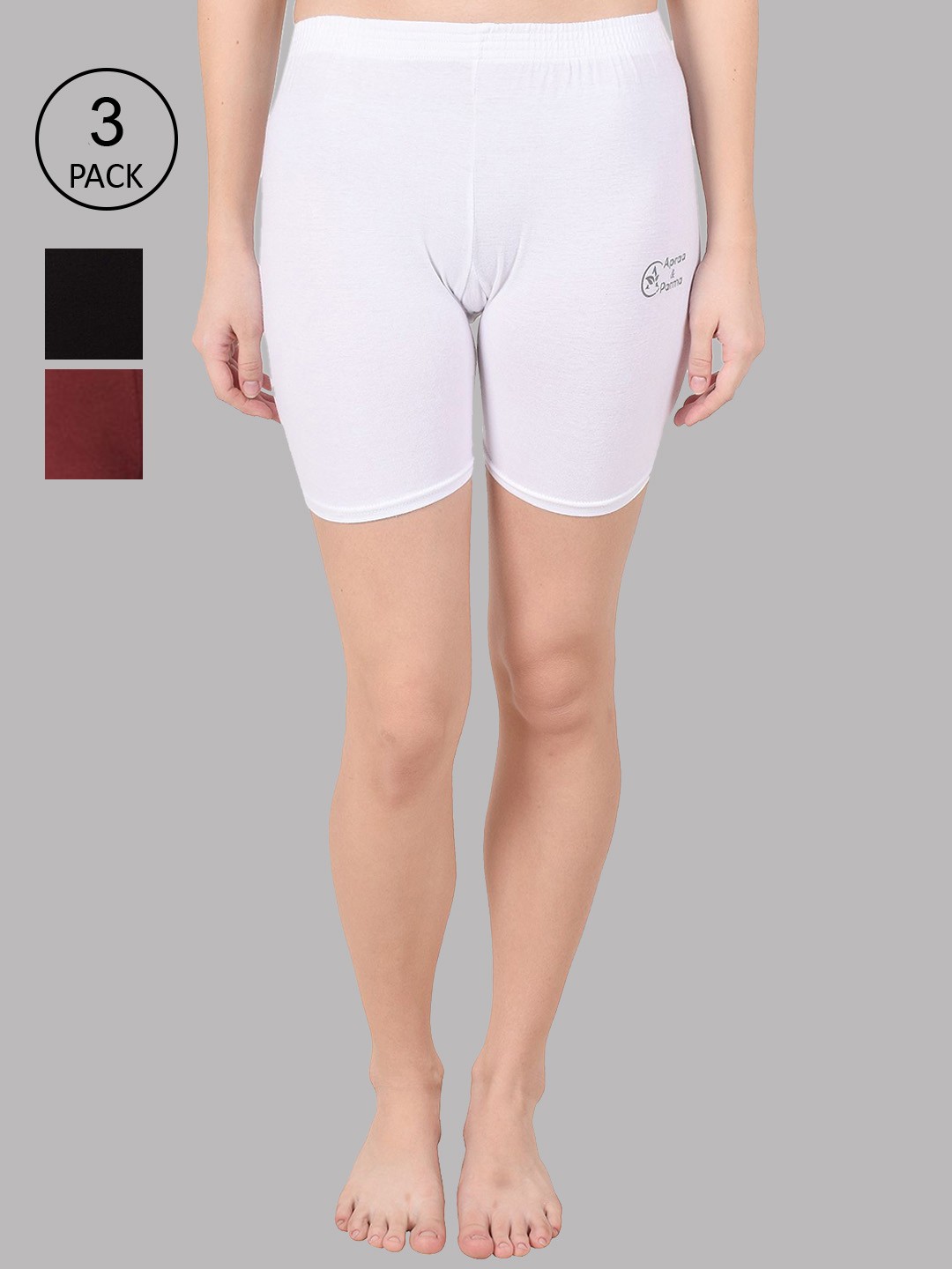 Apraa & Parma Women Set Of 3 White ,Black & Maroon Slim Fit Cycling Cotton Sports Shorts