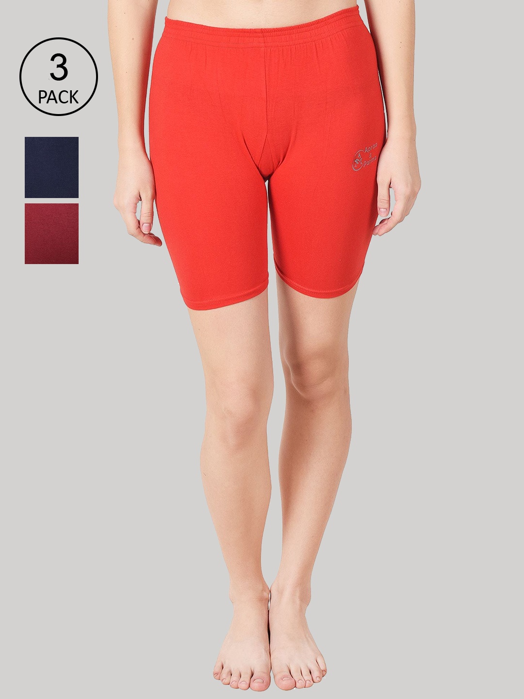 Apraa & Parma Women Pack of 3 Pure Cotton Slim Fit Cycling Sports Shorts, Red