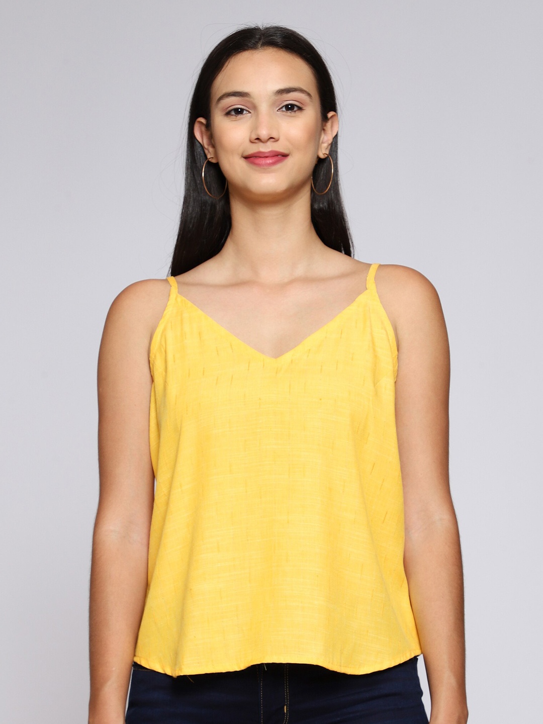Anuthi Women Yellow Solid Shoulder Strap Top
