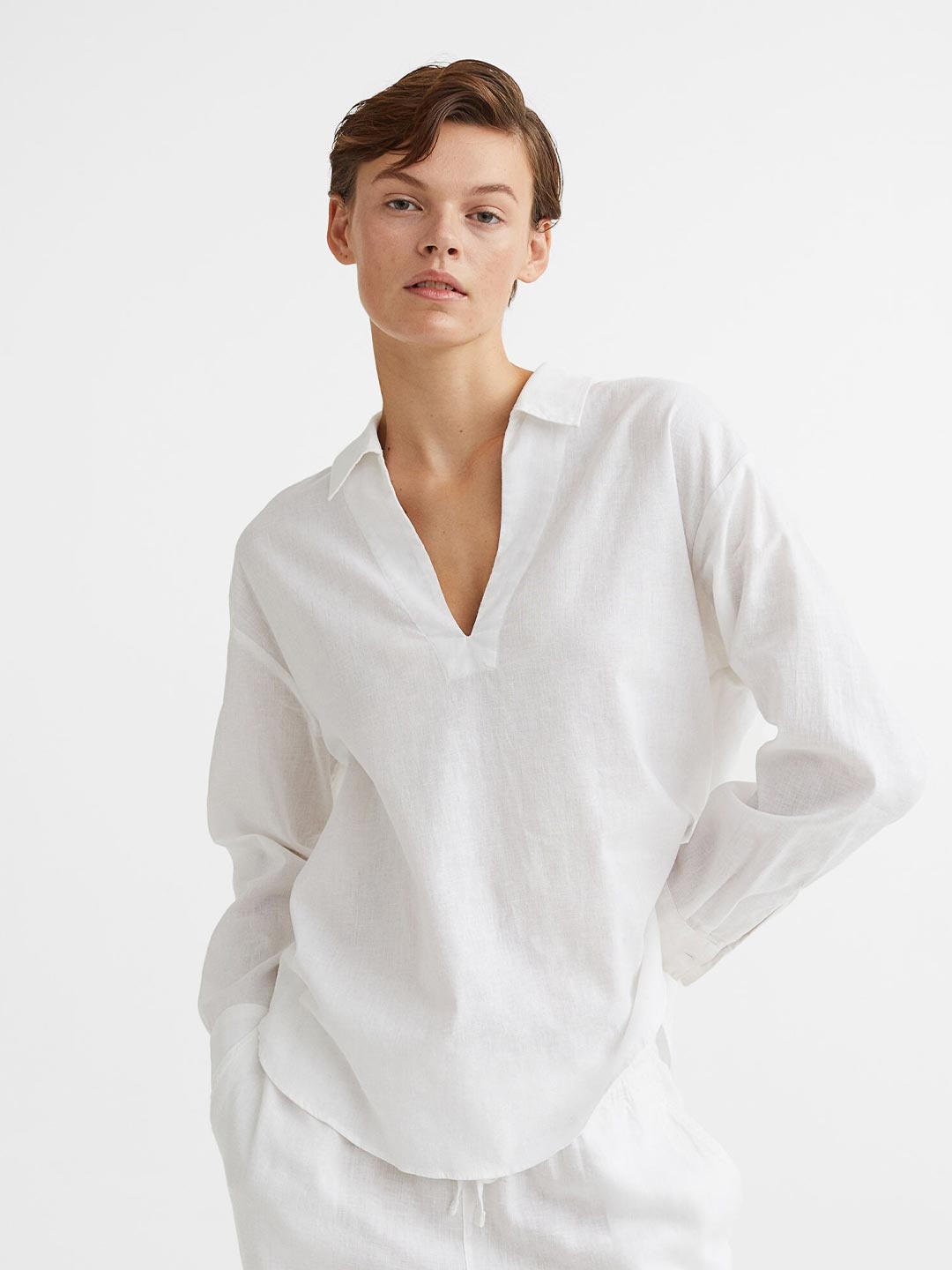 

H&M Women White Popover Linen-Blend Shirt
