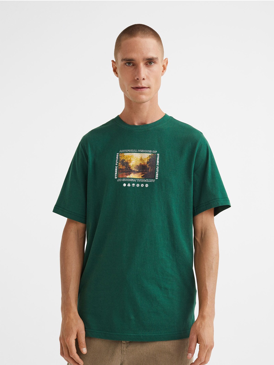 

H&M Men Green Regular Fit Printed T-shirt