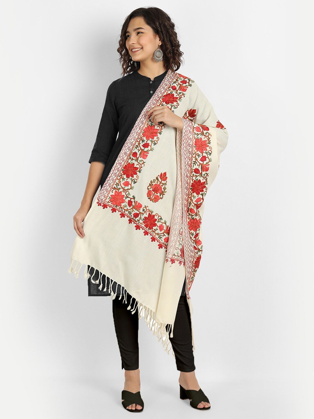 

Zamour Women Cream-Coloured & Red Embroidered Stole